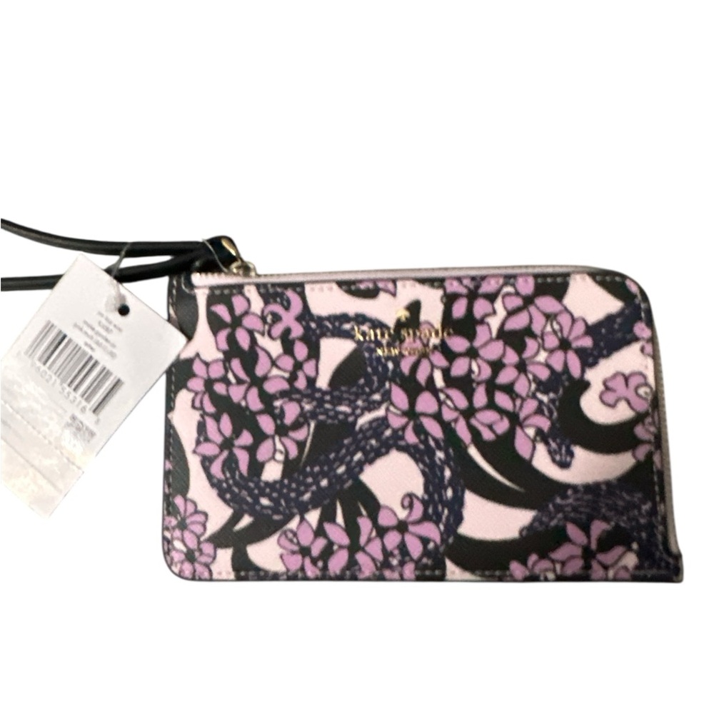 NWT Kate Spade Black and purple Floral Wristlet gold accents new.cute